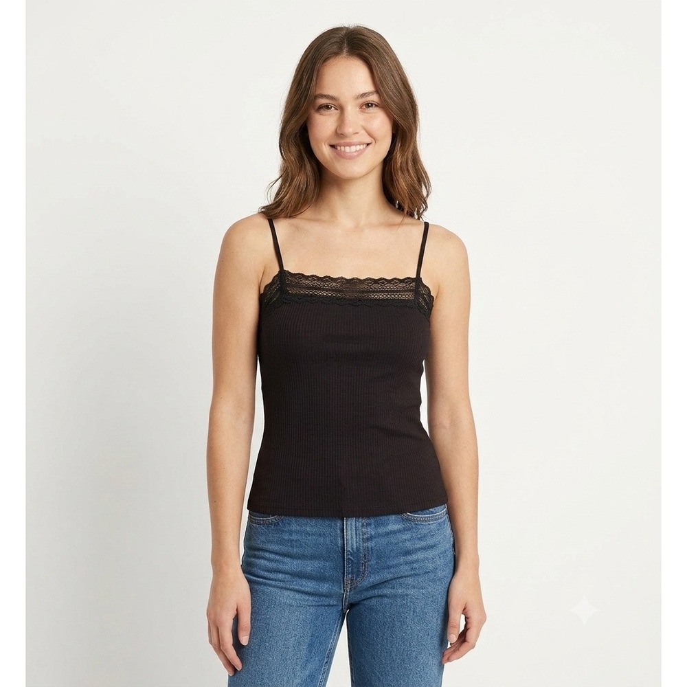 Madewell Top Womens XS Lace Trim Square Neck Tank Black Ribbed Pointelle NY280
